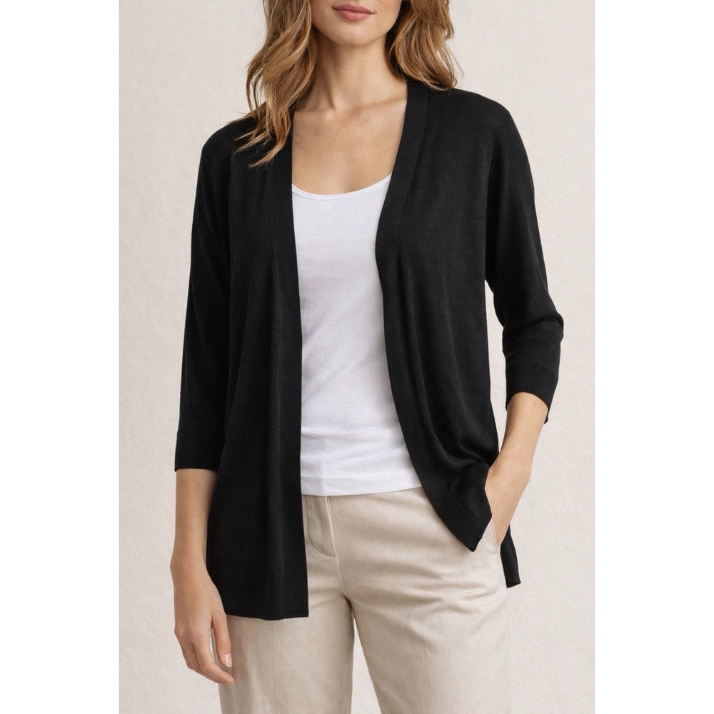 DKNY 100% Tussah Silk Black Open Front‎ Cardigan 3/4 Sleeve Lightweight Large